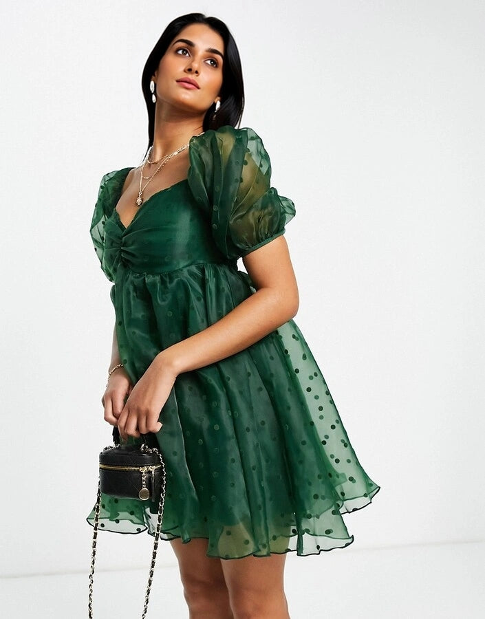 Womens Lace & Beads Babydoll Mini Dress In Emerald Green Polka Dot