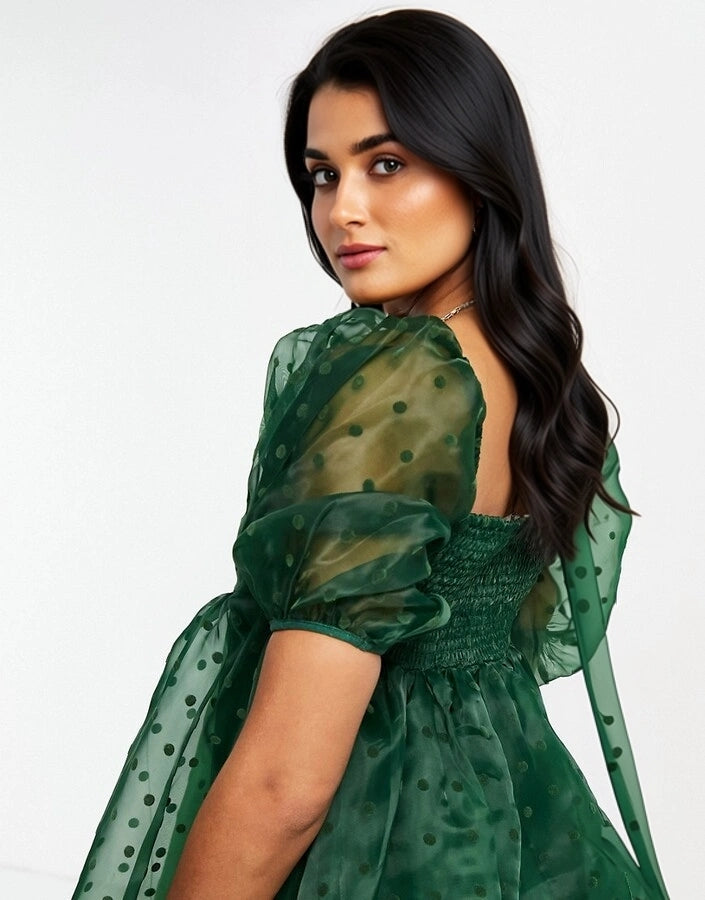 Womens Lace & Beads Babydoll Mini Dress In Emerald Green Polka Dot