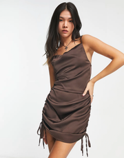 Rebellious Fashion Womens Satin Cowl Front Ruch In Brown