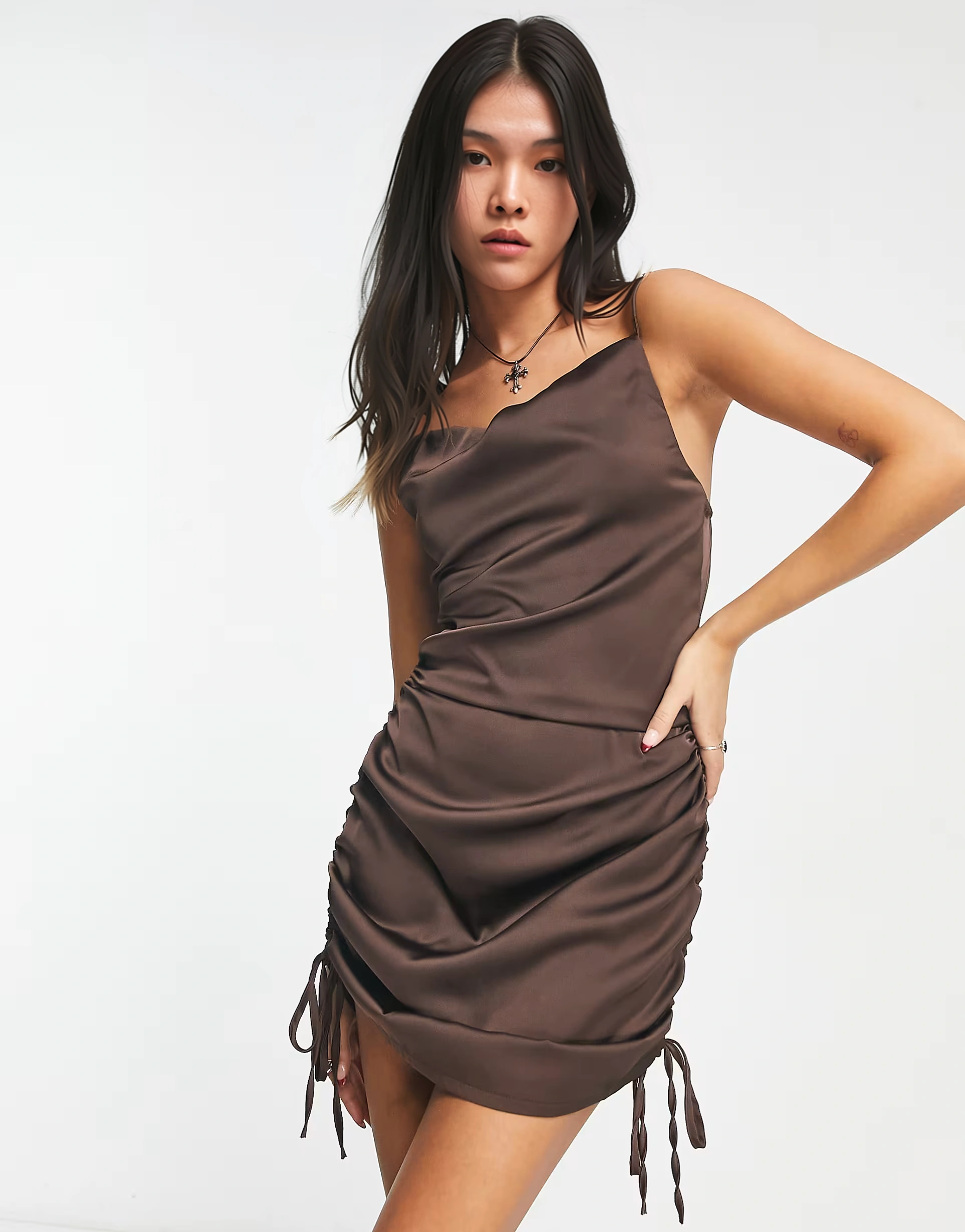 Rebellious Fashion Womens Satin Cowl Front Ruch In Brown