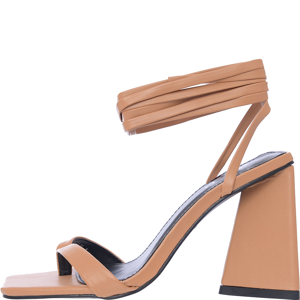 Raid Women's Camel Abhihail Tie Ankle Block Heel Sandals