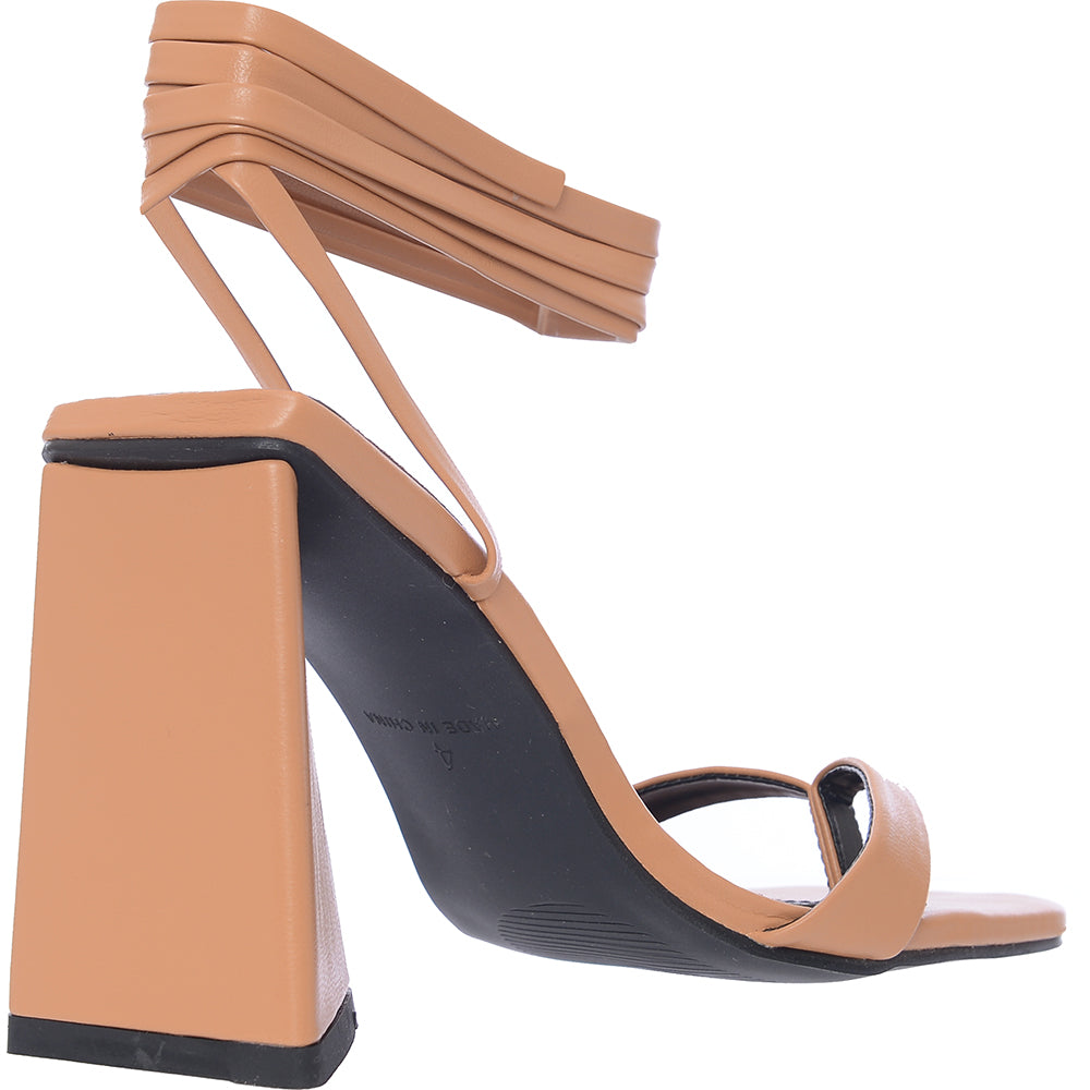 Raid Women's Camel Abhihail Tie Ankle Block Heel Sandals