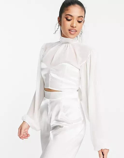 TFNC Womens Petite Bridal High Neck Satin Top With Bow Back in Ivory