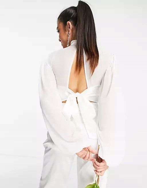 TFNC Womens Petite Bridal High Neck Satin Top With Bow Back in Ivory