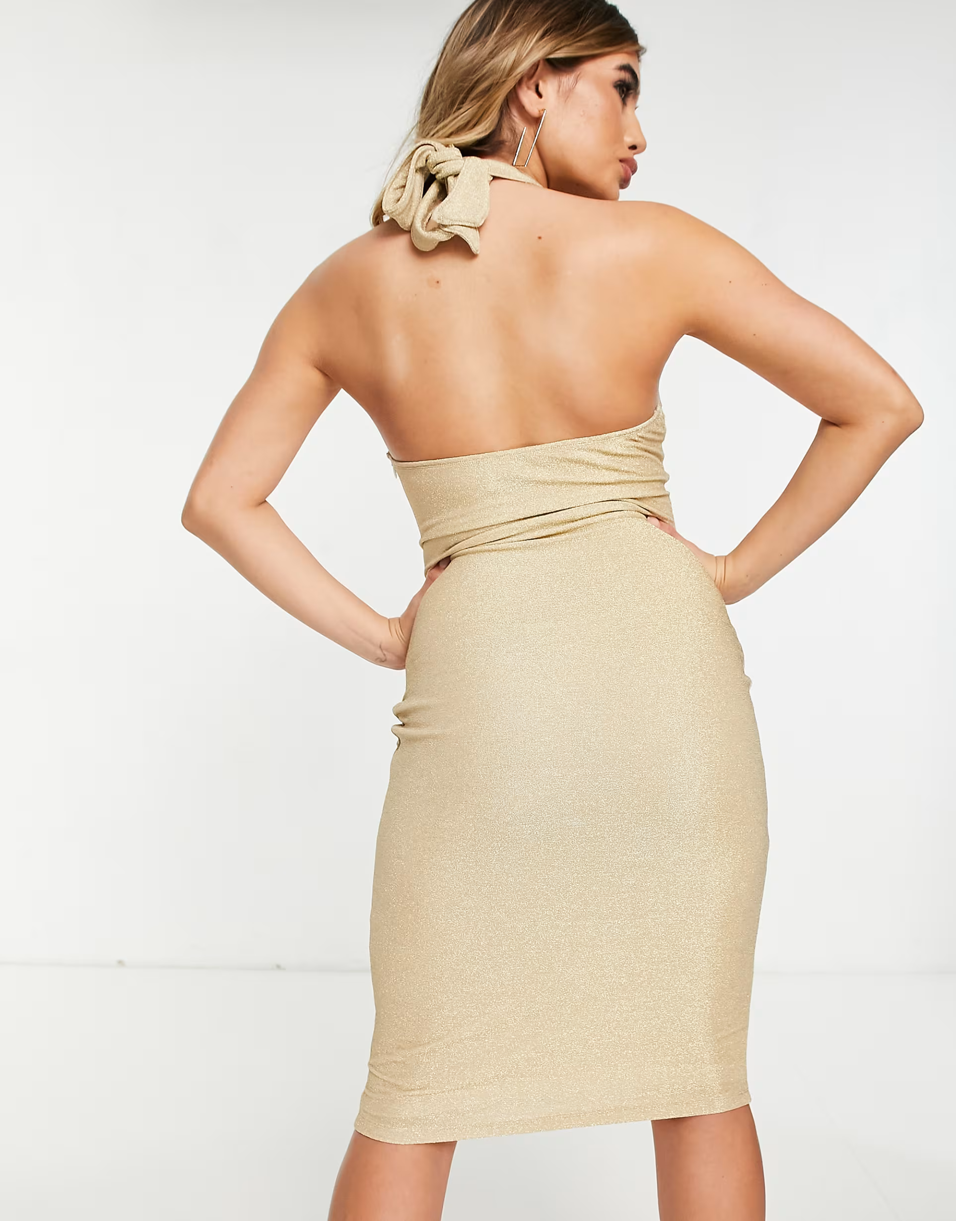 EI8TH HOUR Womens Halterneck Midi Dress in Gold Glitter