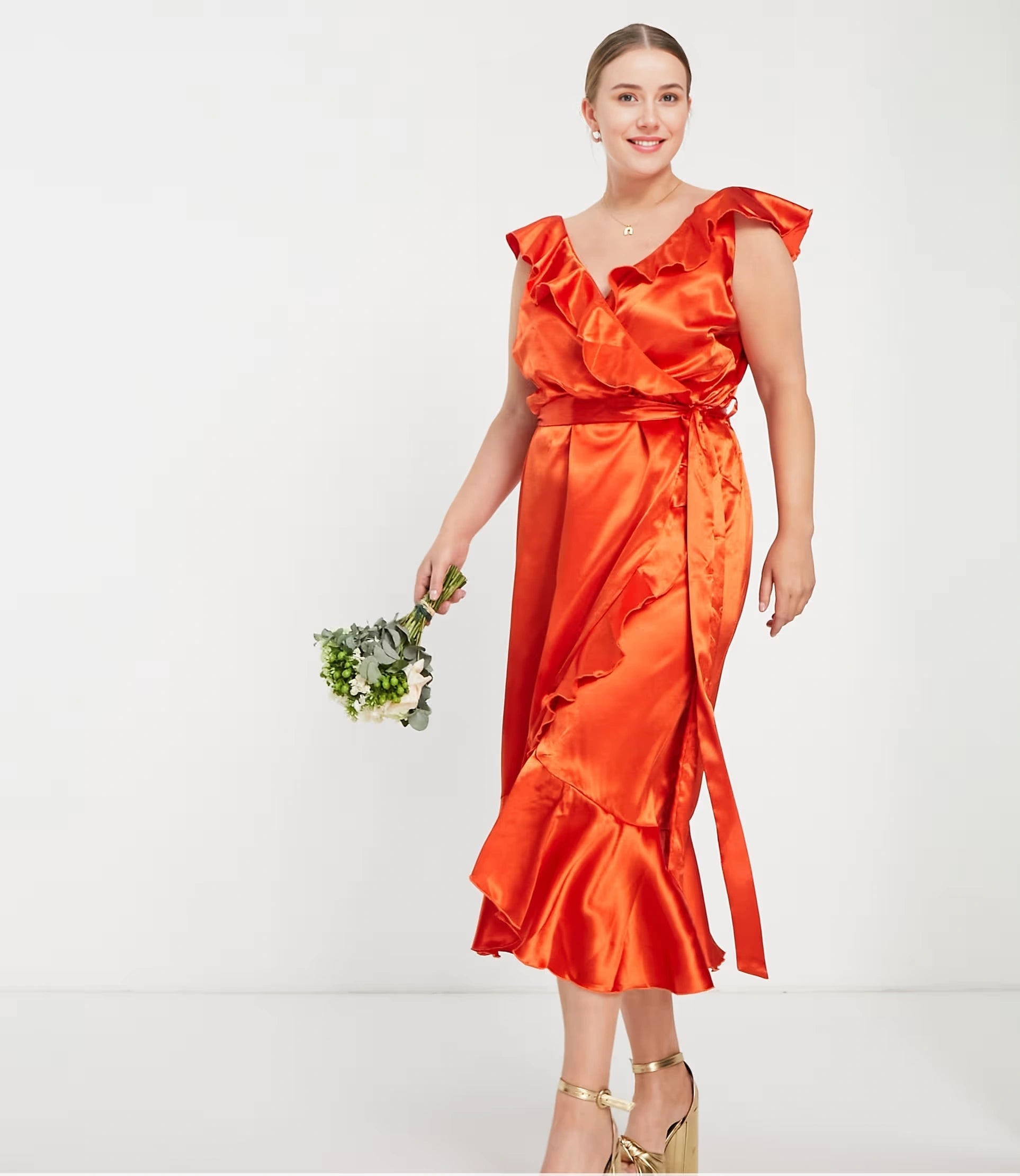 Little Mistress Plus Womens Bridesmaid Frill Wrap Dress in Sunset Orange
