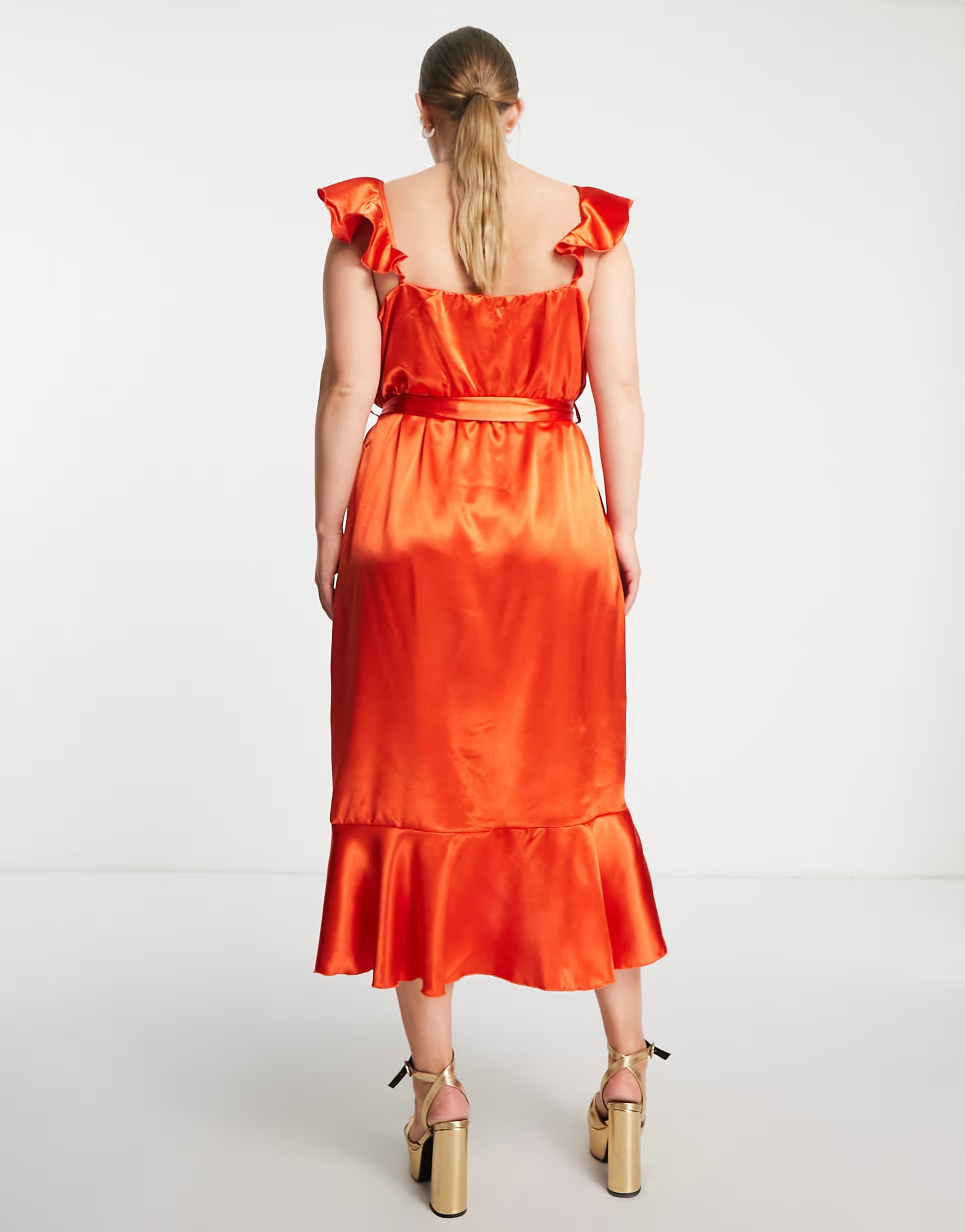Little Mistress Plus Womens Bridesmaid Frill Wrap Dress in Sunset Orange
