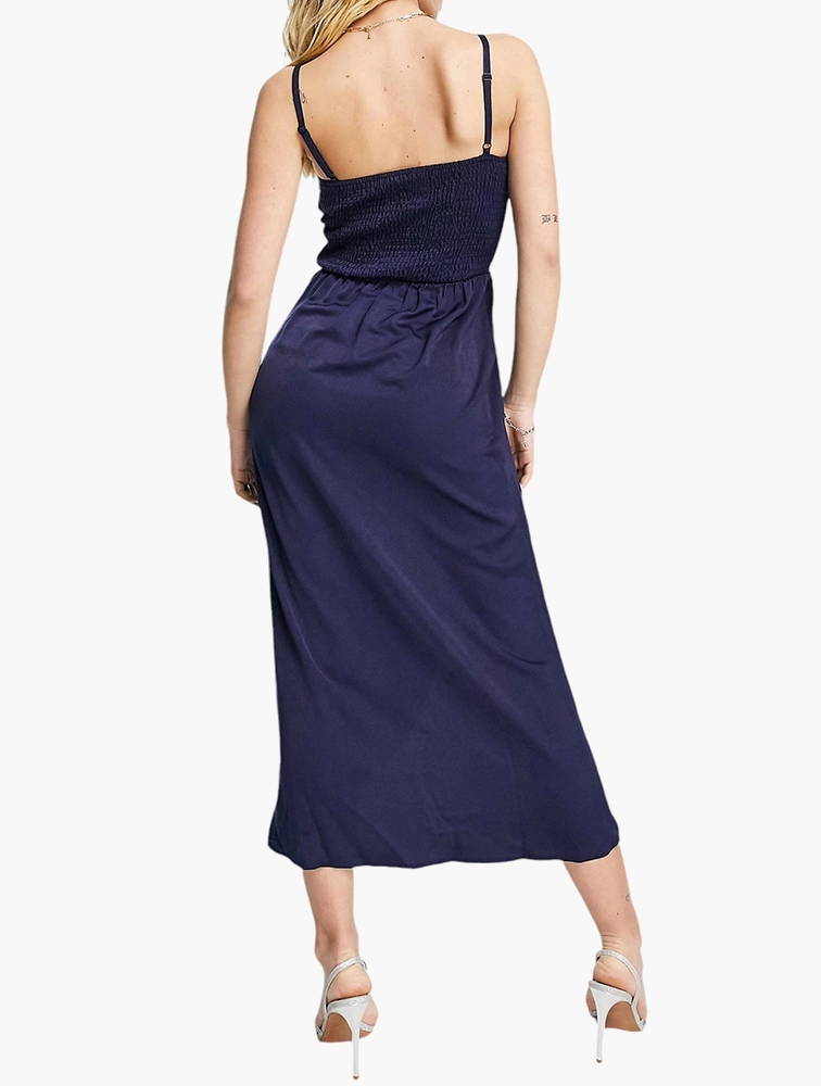 Little Mistress Plus Womens Bridesmaid Satin Wrap Dress in Navy