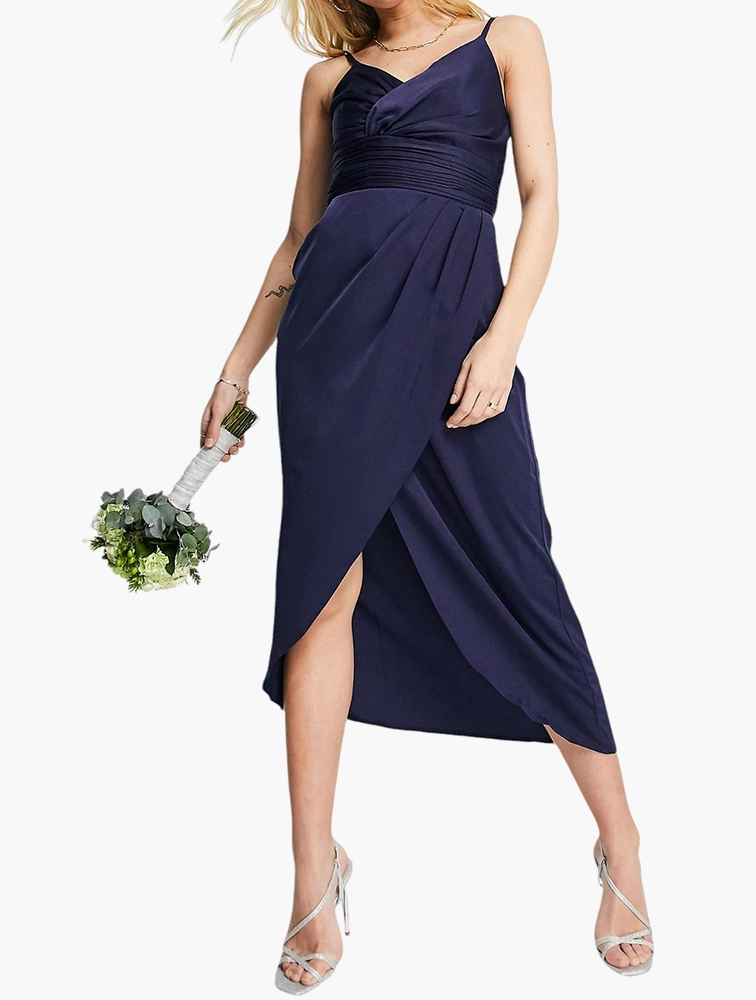 Little Mistress Plus Womens Bridesmaid Satin Wrap Dress in Navy