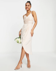Little Mistress Womens Bridesmaid Satin Wrap Dress in Sand In Orange