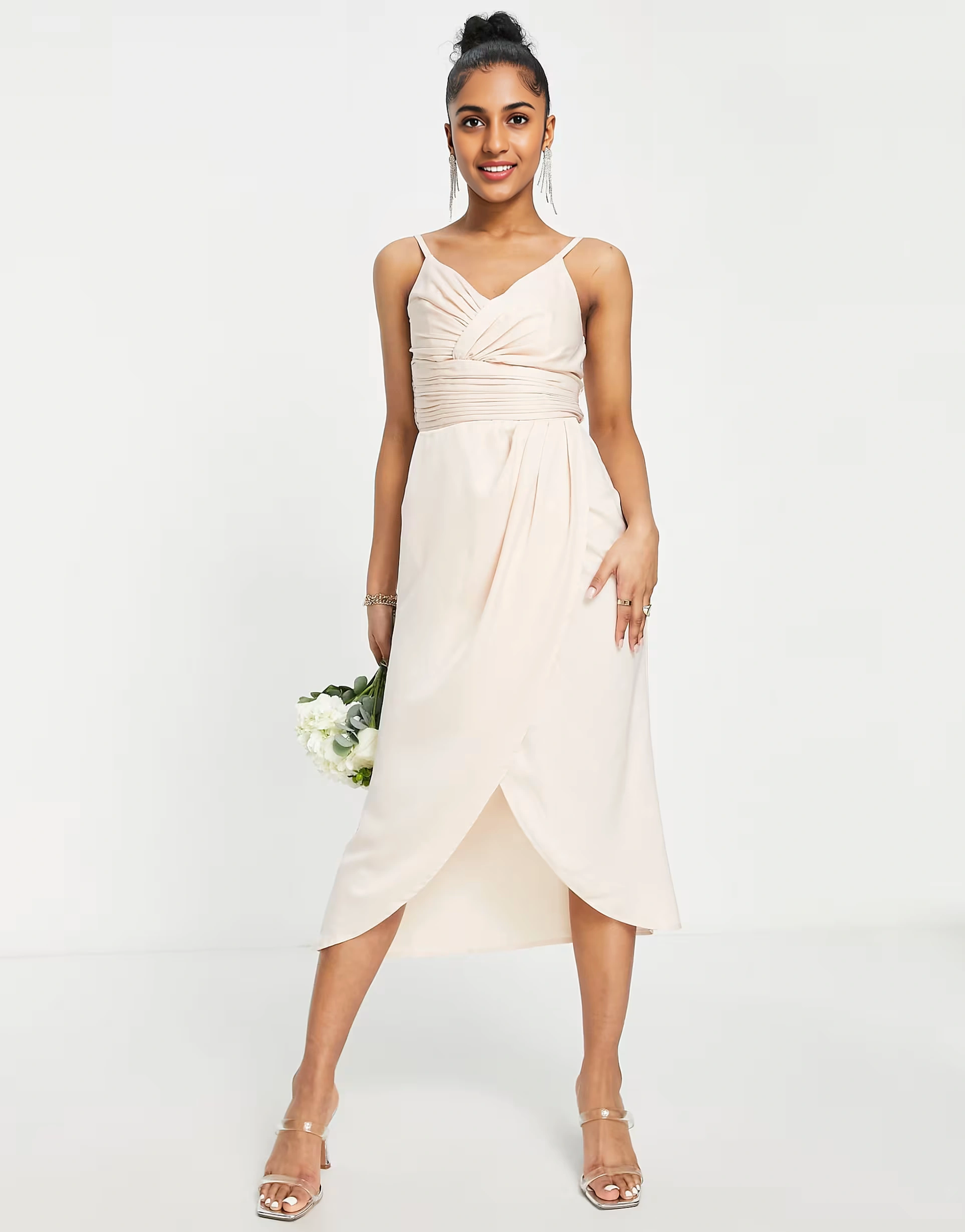Little Mistress Womens Bridesmaid Satin Wrap Dress in Sand In Orange