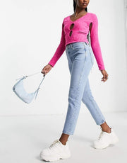 Asyou Womens Knitted Eyelash Cut Out Top In Pink
