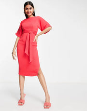 Closet London Womens Ribbed Pencil Dress With Tie Belt In Red