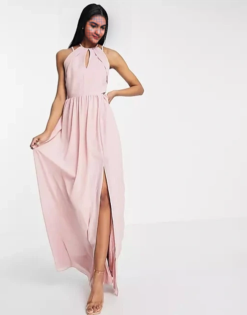 TFNC Womens Tall Bridesmaid Strappy Back Halter Neck Dress in Dusty Pink