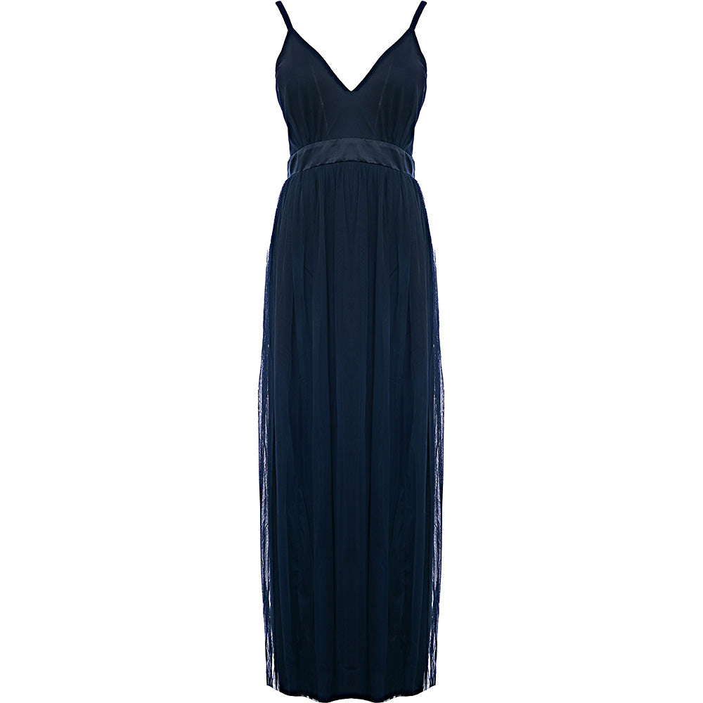 Anaya With Love Women's Navy Bridesmaid Petite Tulle Plunge Front Maxi Dress
