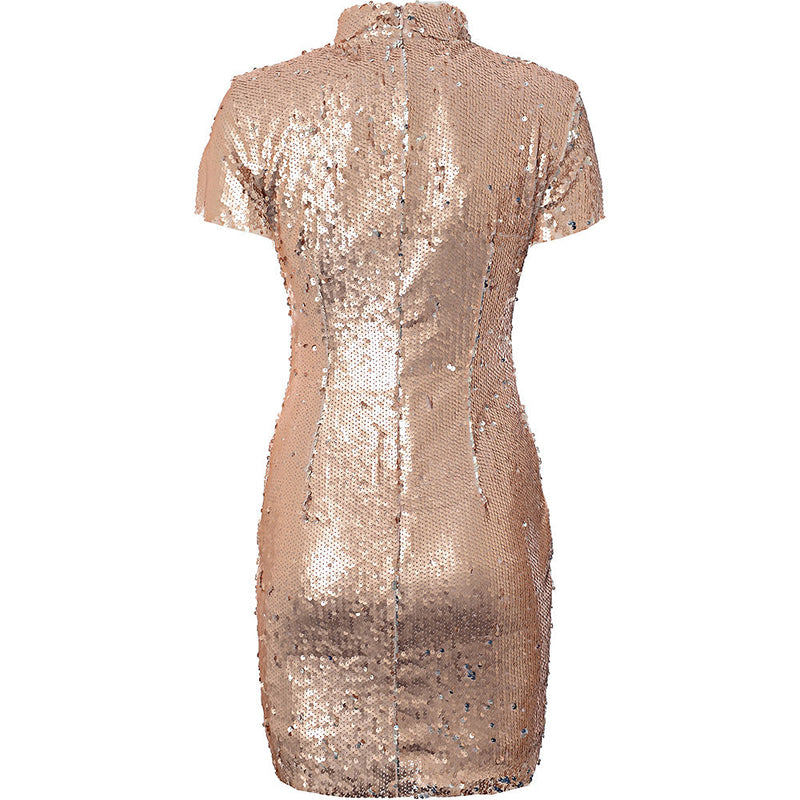 NaaNaa Women's Gold Short Sleeve High Neck Sequin Dress