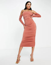 Public Desire Womens Double Layer Ruched Midaxi Dress in Dusty Peach