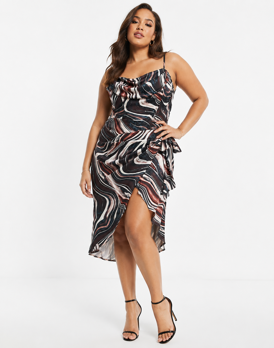First Distraction Plus Womens The Label Satin Midi Dress in Navy Marble Print