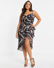 First Distraction Plus Womens The Label Satin Midi Dress in Navy Marble Print