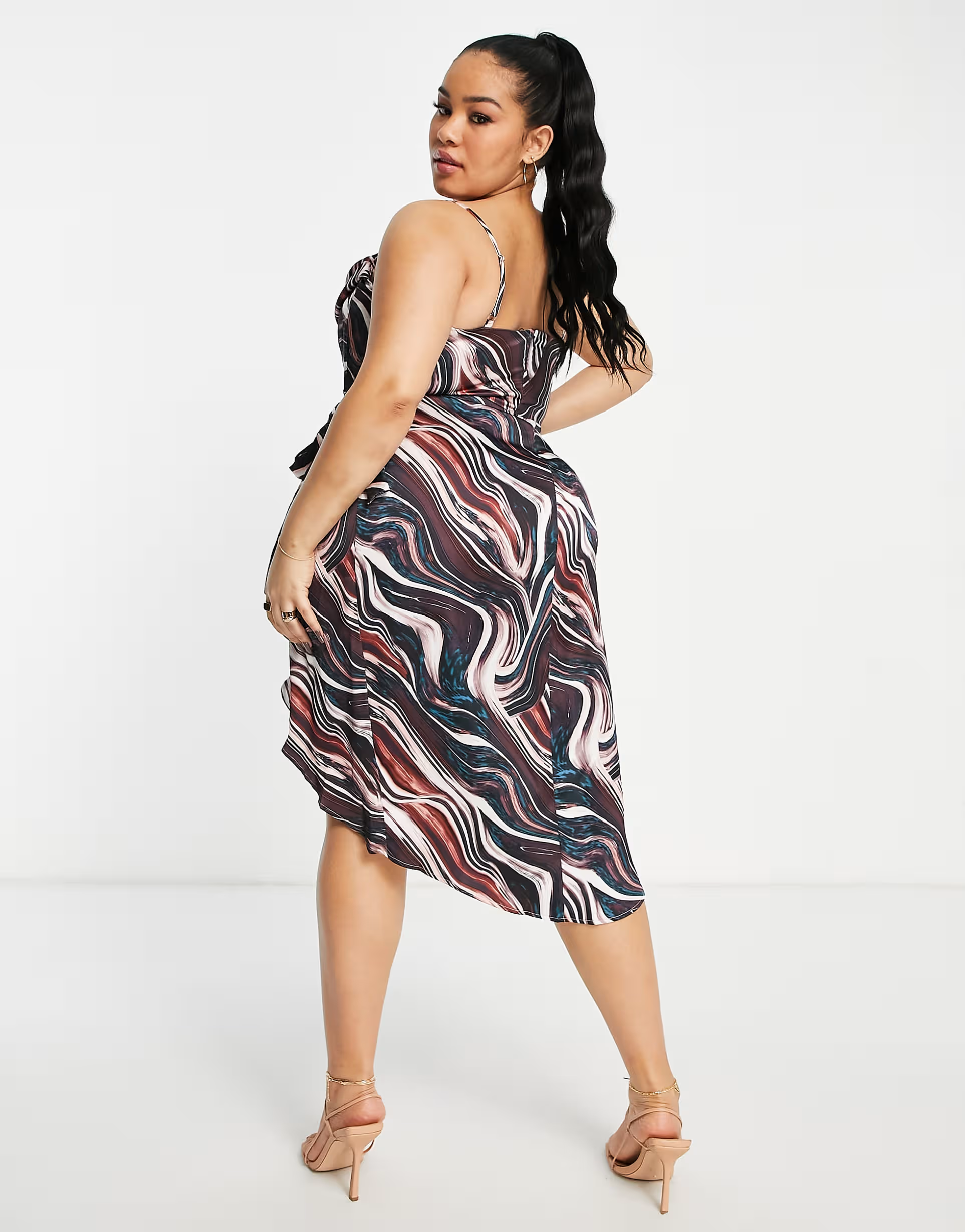 First Distraction Plus Womens The Label Satin Midi Dress in Navy Marble Print