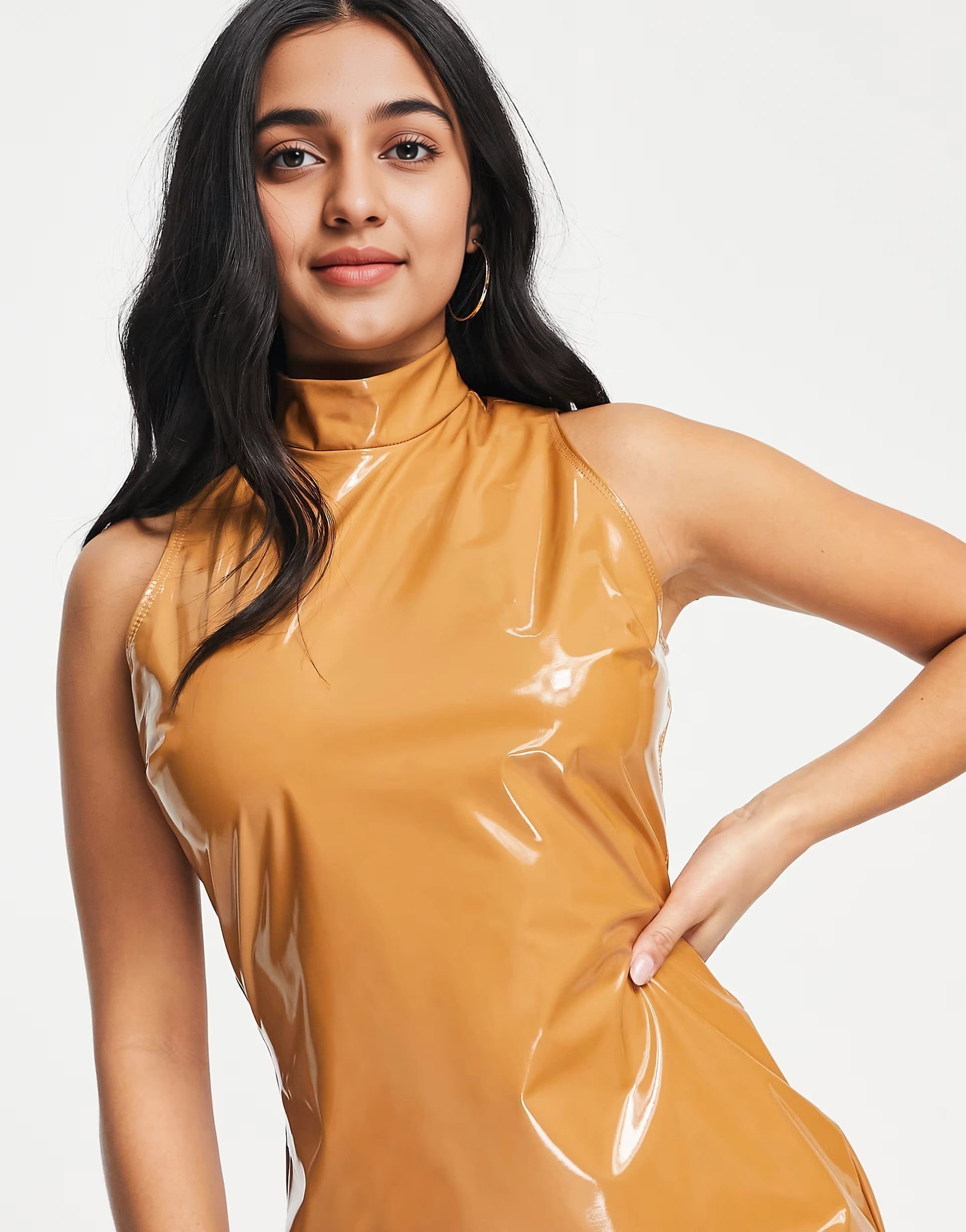 First Distraction Womens The Label Petite Vinyl Midi Dress in Camel
