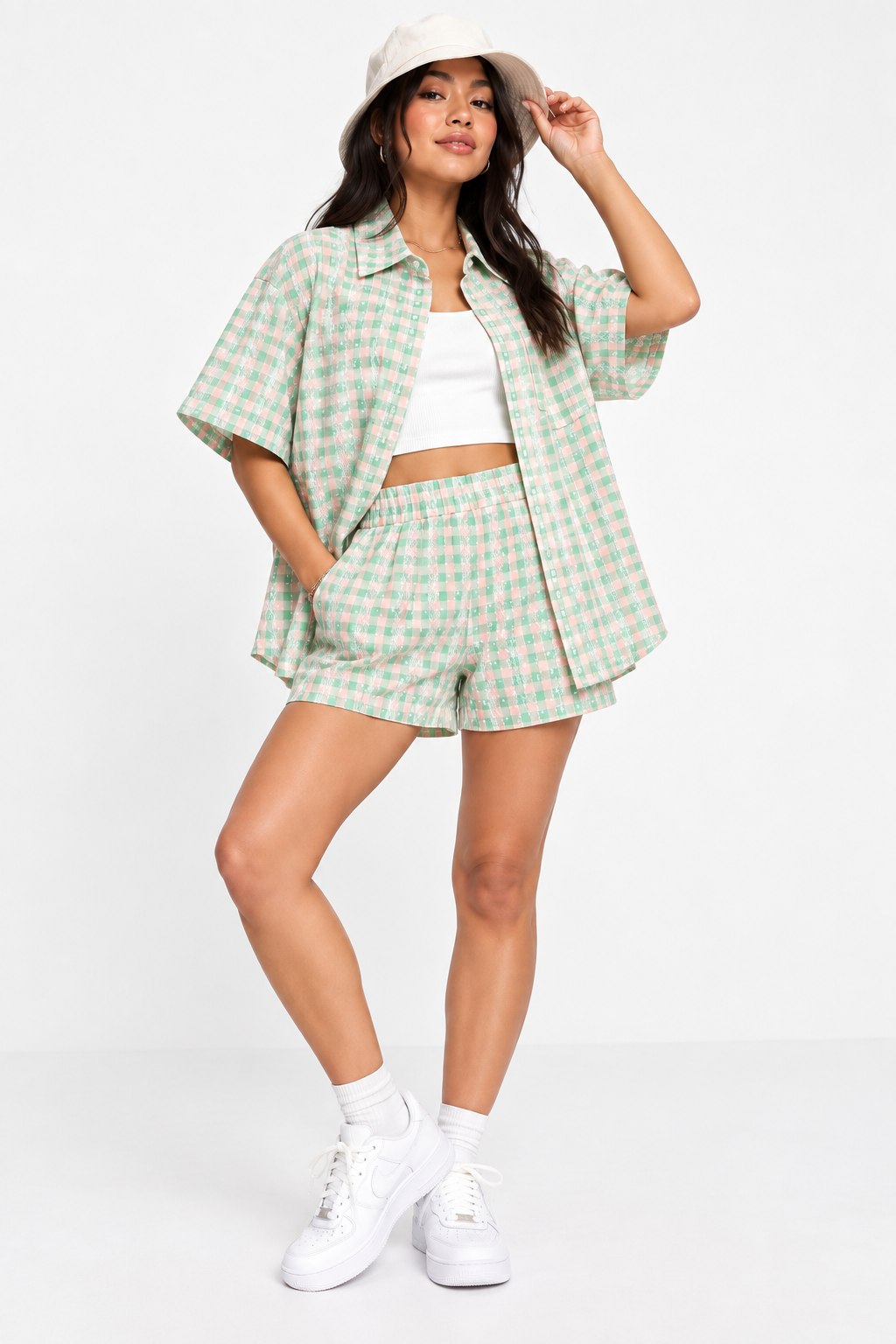 Urban Threads Petite Womens Shirt With Floral Embroidery in Pink Gingham