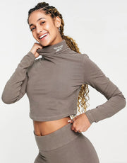 Womens Reebok High Neck Crop Top in Taupe Brown