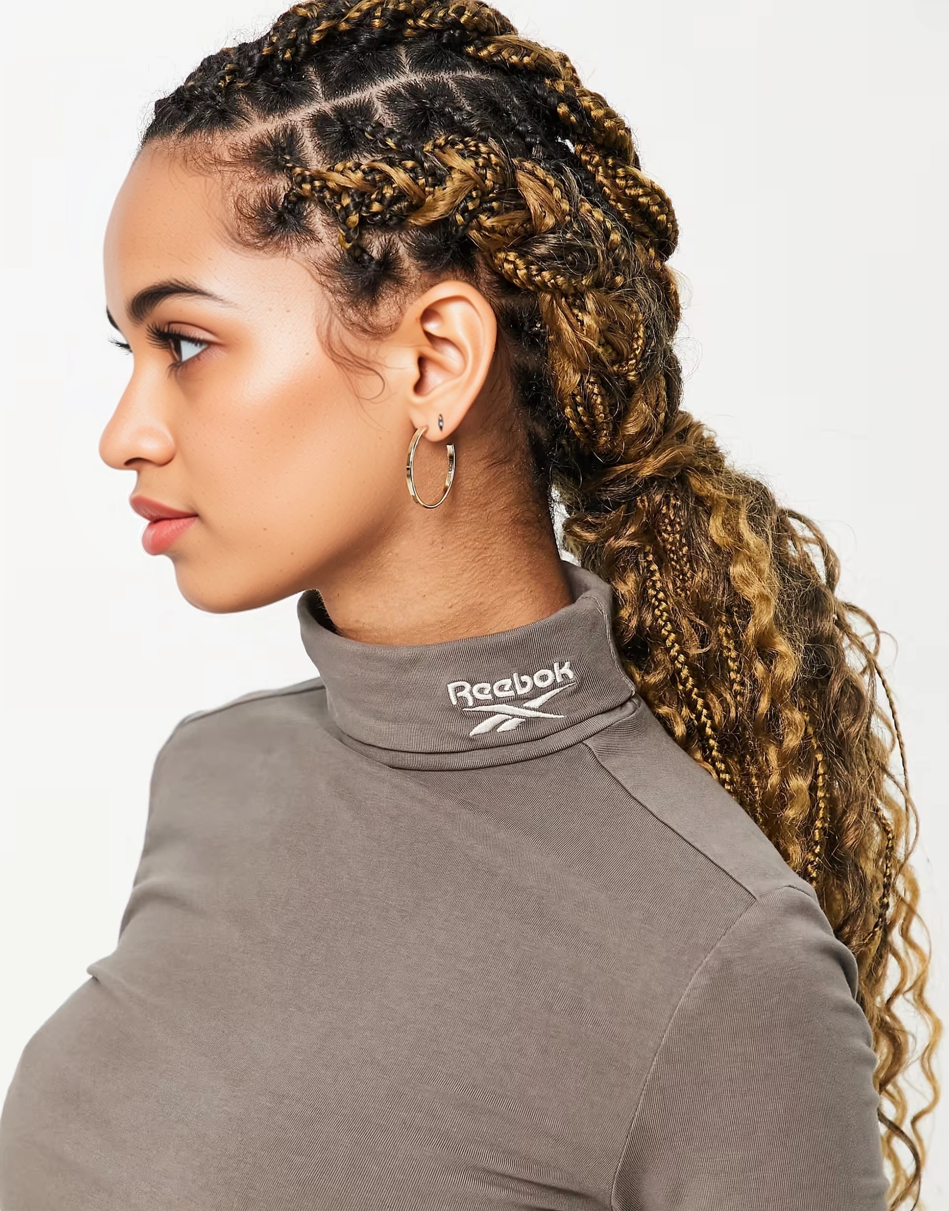 Womens Reebok High Neck Crop Top in Taupe Brown