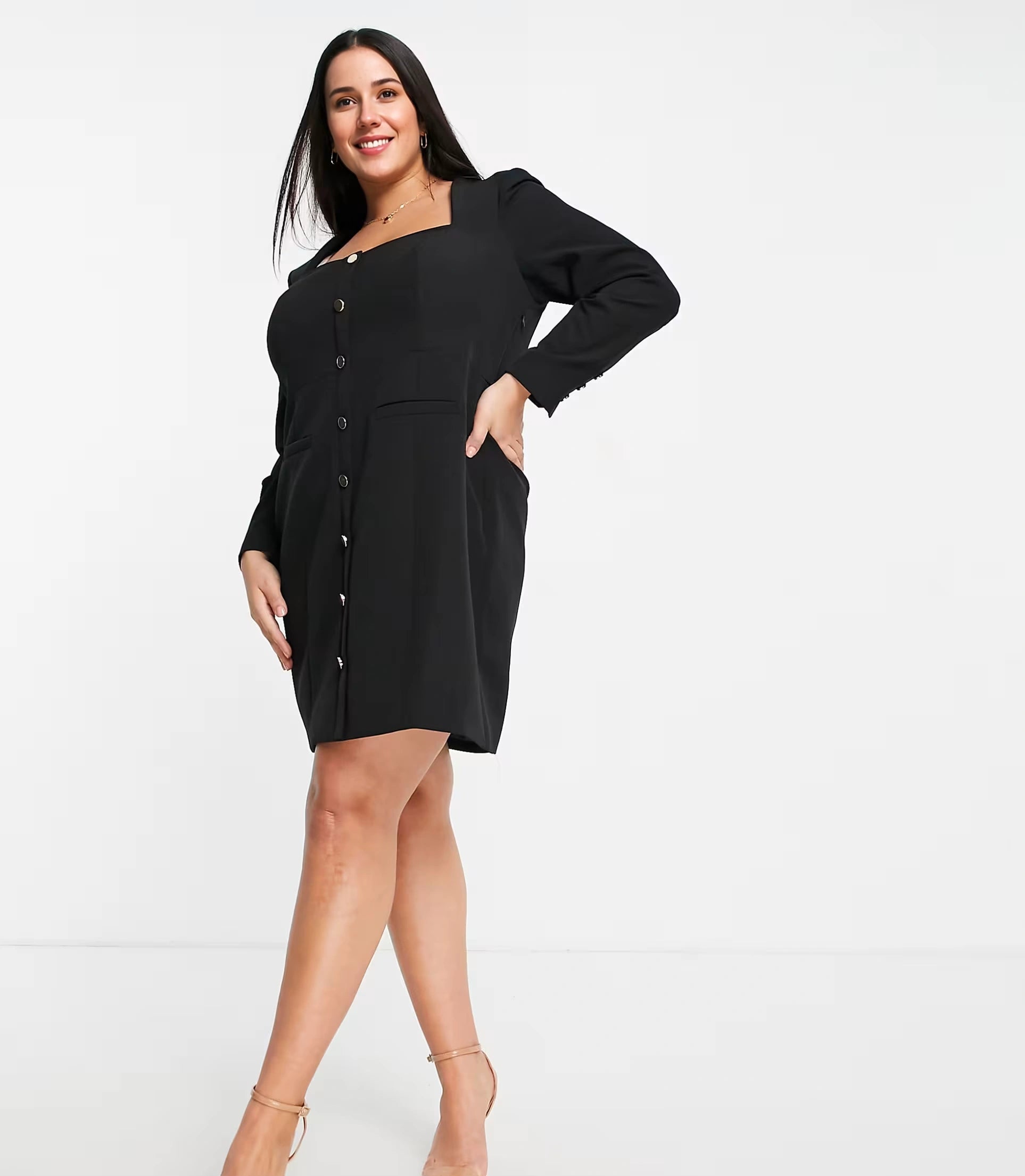 Womens Forever New Curve Gold Button Mini Blazer Dress in Black