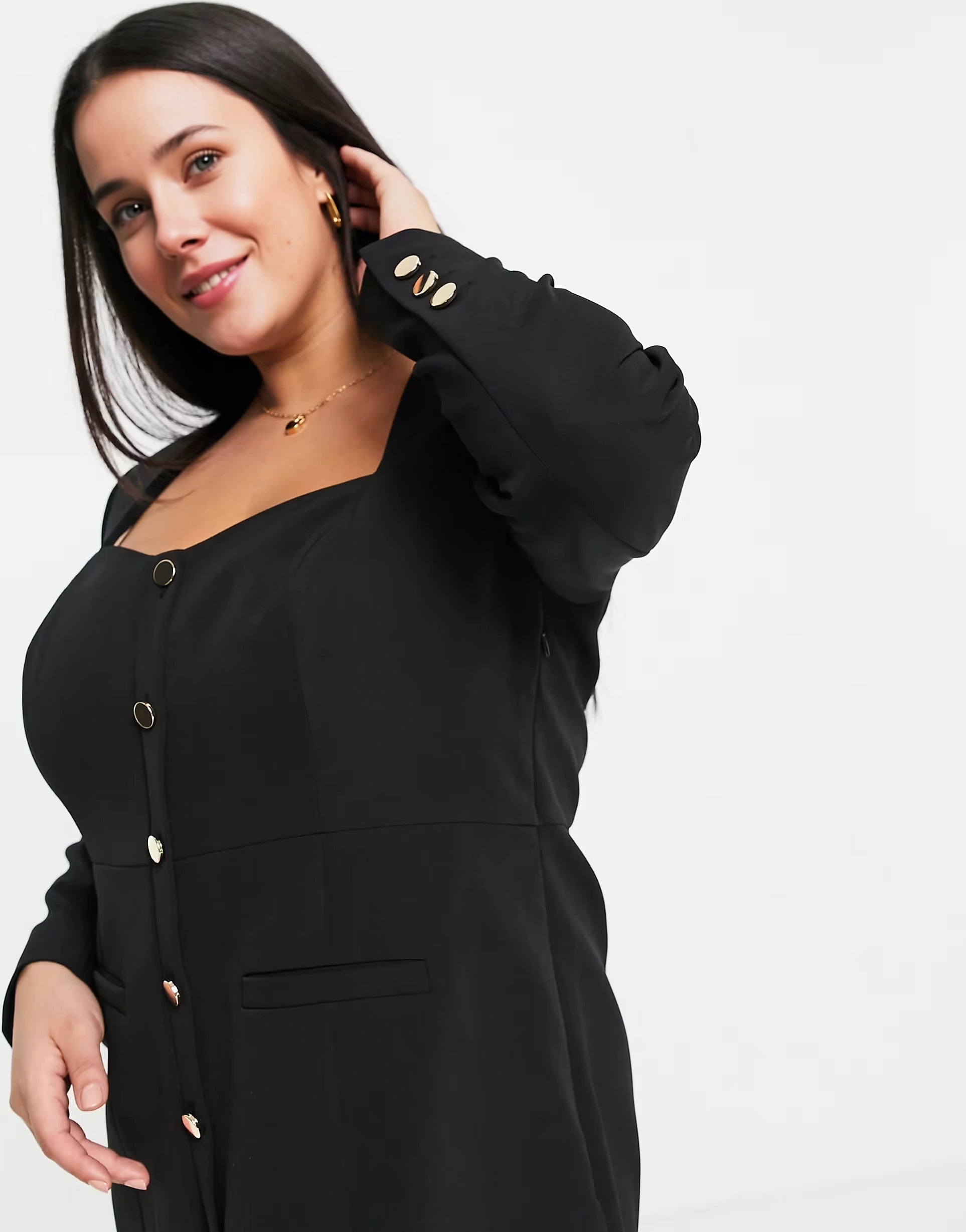 Womens Forever New Curve Gold Button Mini Blazer Dress in Black