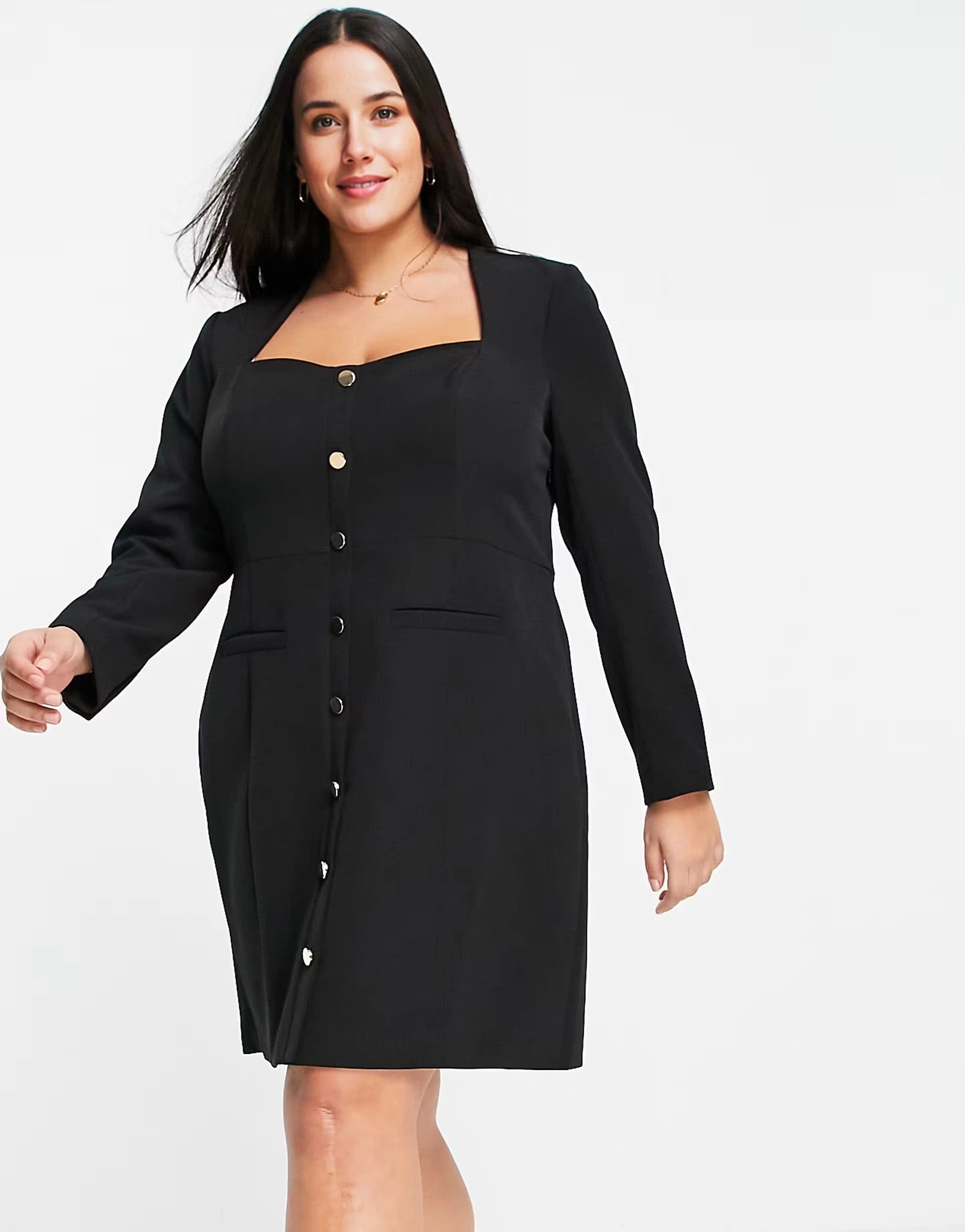 Womens Forever New Curve Gold Button Mini Blazer Dress in Black