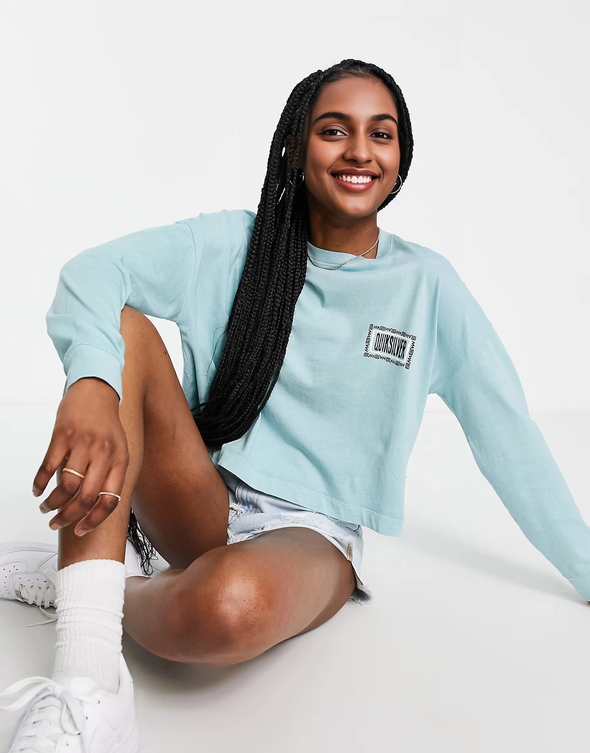 Womens Quiksilver Oversized Cropped Long Sleeve T-Shirt in Blue