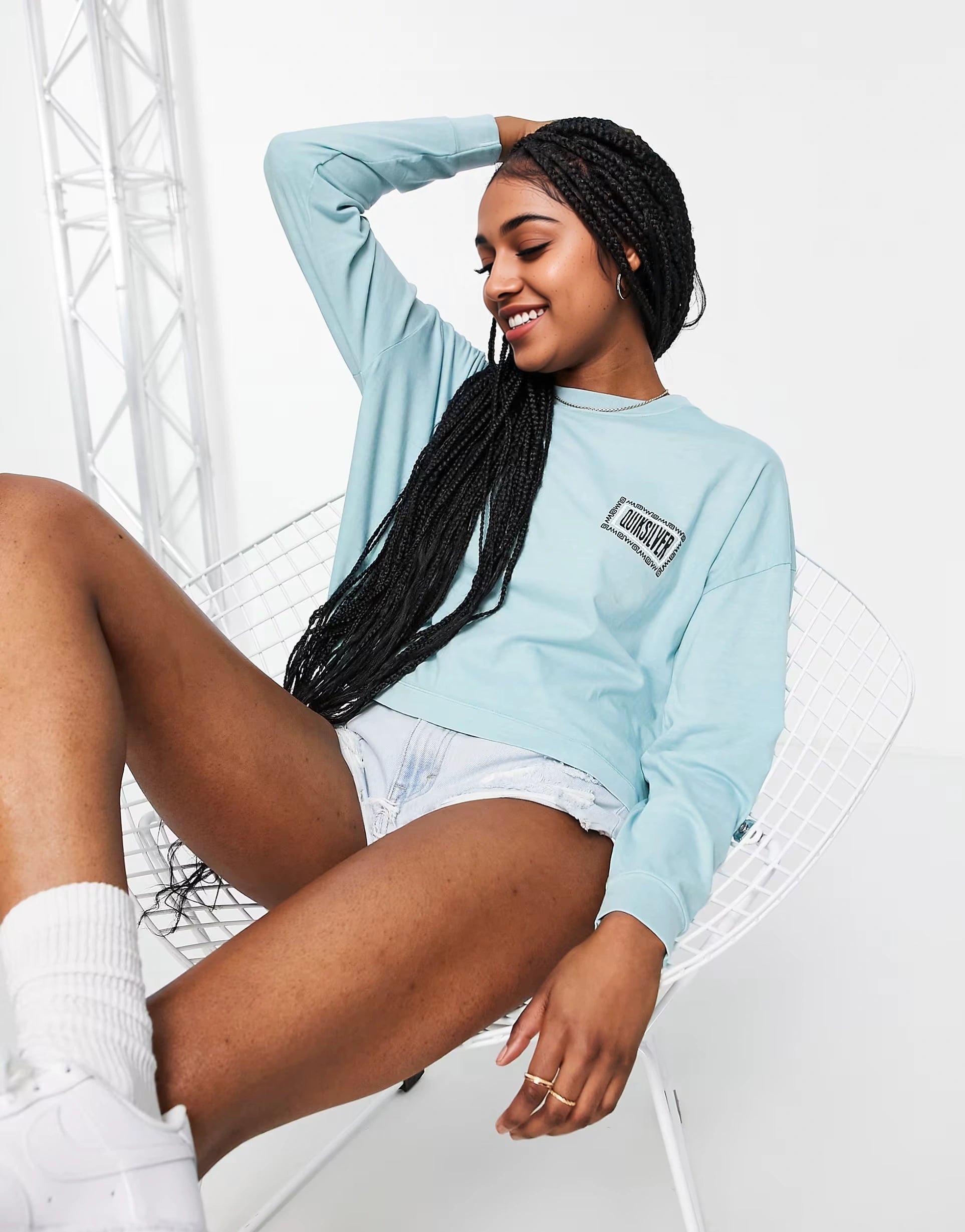 Womens Quiksilver Oversized Cropped Long Sleeve T-Shirt in Blue