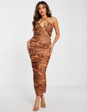 Missguided Womens Strappy Mesh Midaxi Dress in Brown Marble
