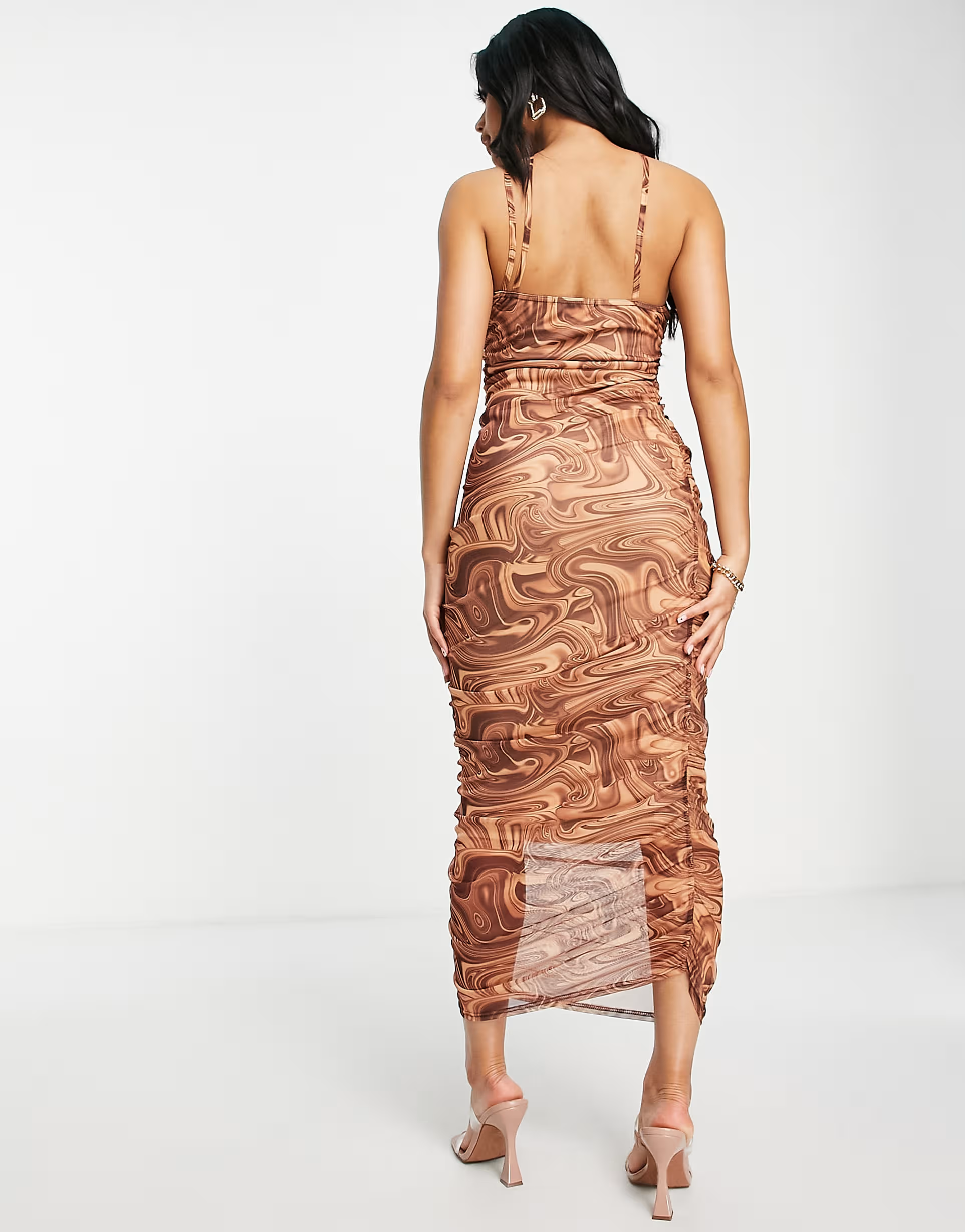Missguided Womens Strappy Mesh Midaxi Dress in Brown Marble