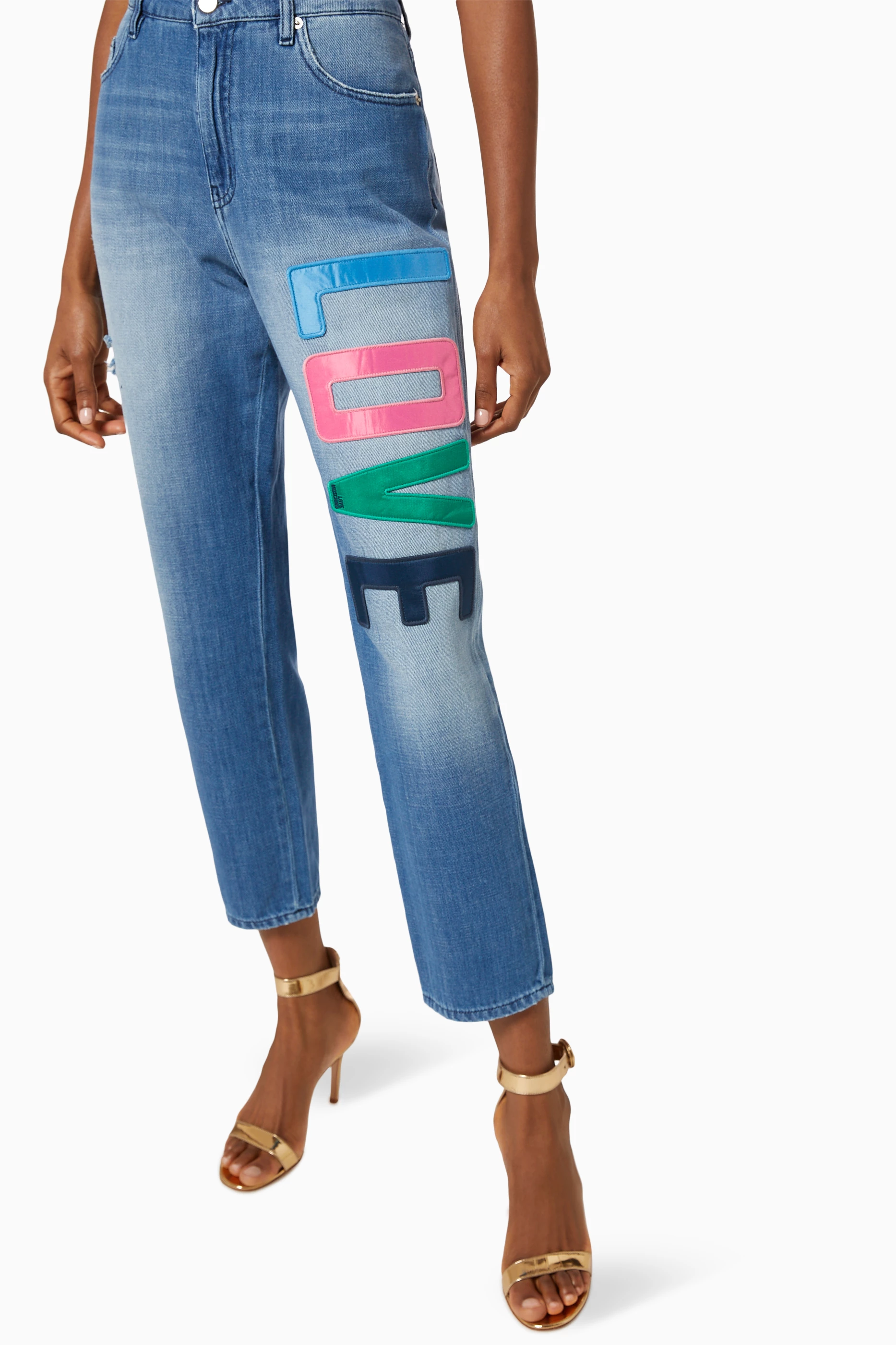 Womens Love Moschino Love Logo Mom Jeans in Blue
