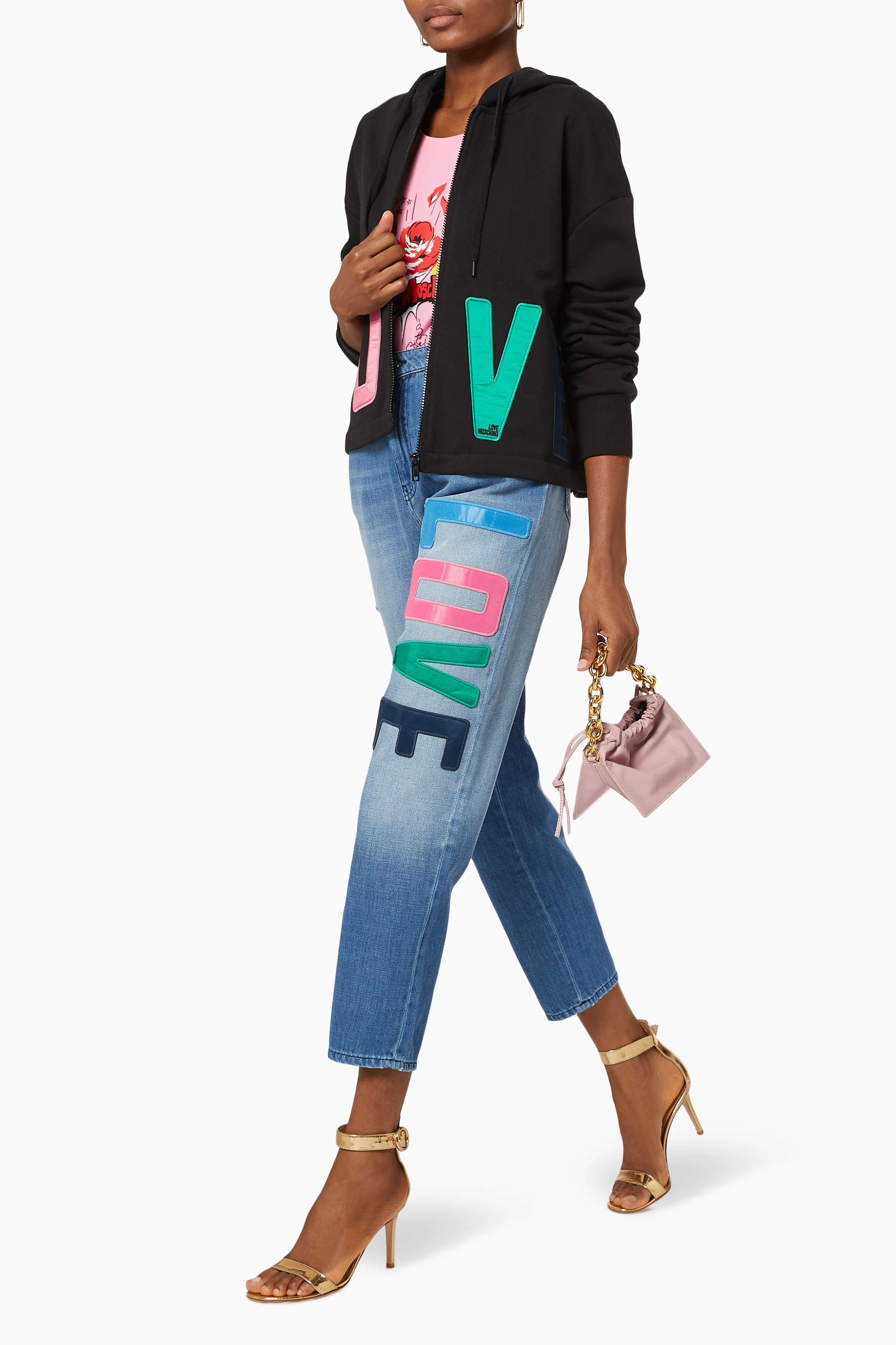 Womens Love Moschino Love Logo Mom Jeans in Blue