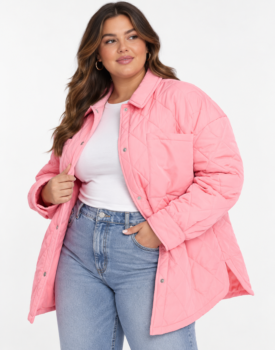 Urban Bliss Womens Plus Quilted Shacket in Candy Pink