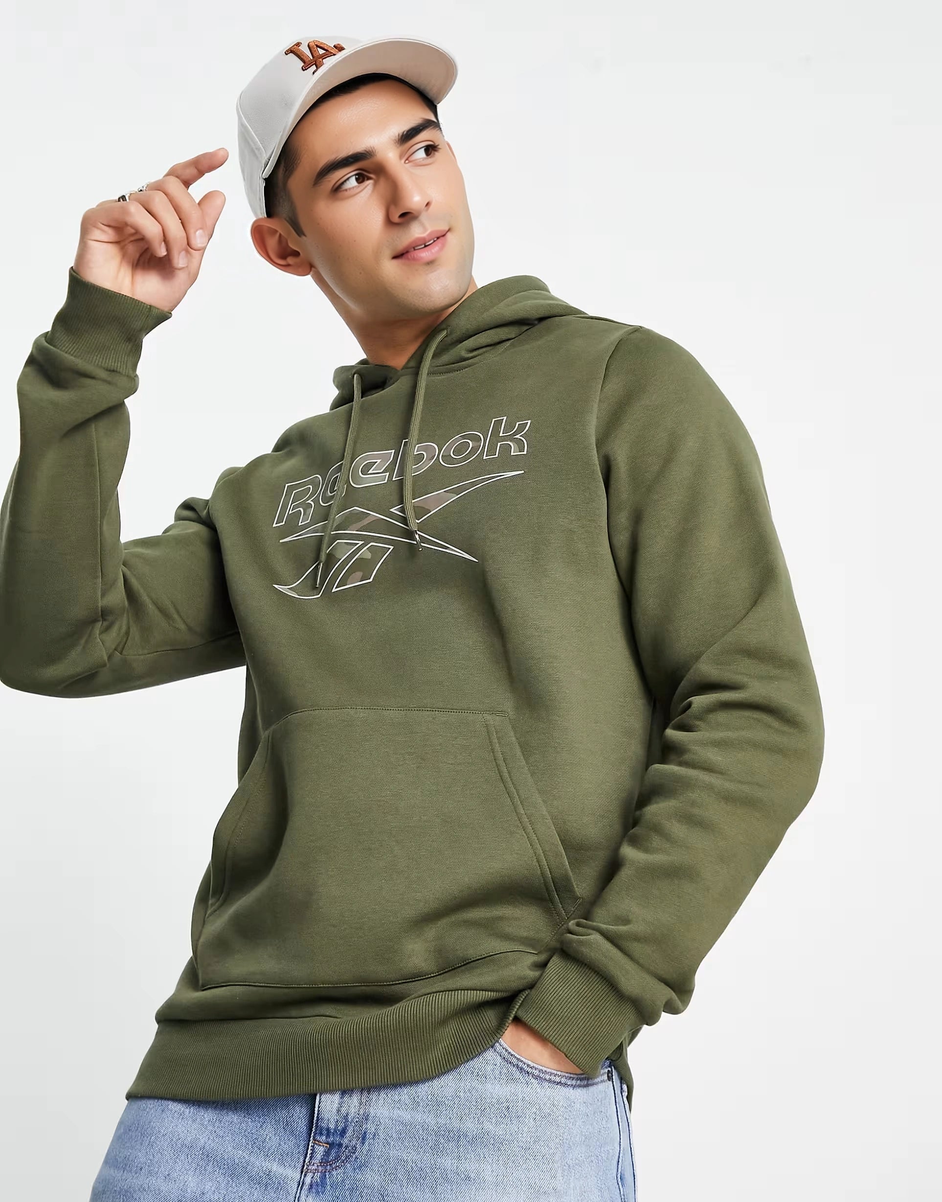 Mens Reebok Camo Logo Hoodie in Khaki Green