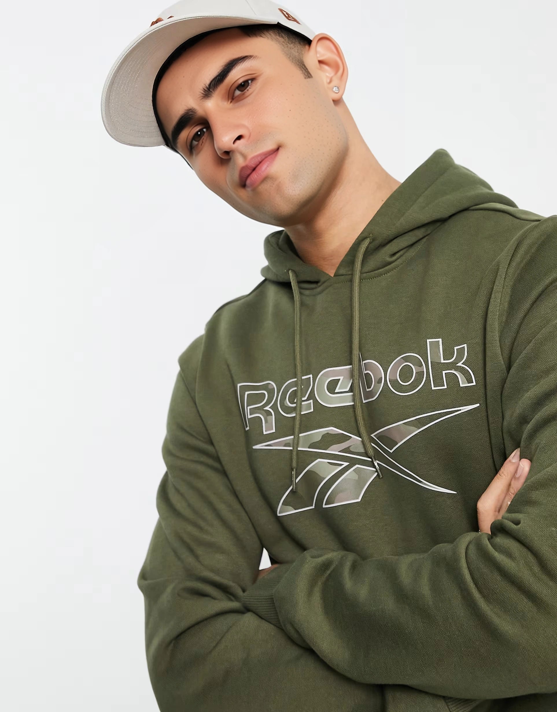 Mens Reebok Camo Logo Hoodie in Khaki Green