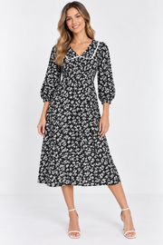 TRENDYOL Womens Floral Midi Dress With Contrast Collar In Black
