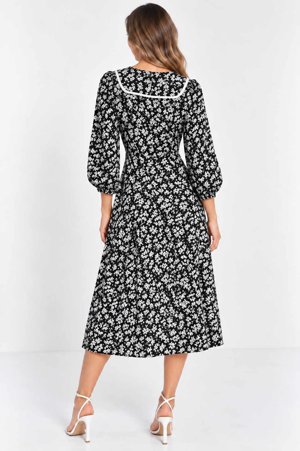 TRENDYOL Womens Floral Midi Dress With Contrast Collar In Black
