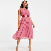 Little Mistress Petite Womens Bridesmaid Midi Skater Dress in Dark Pink