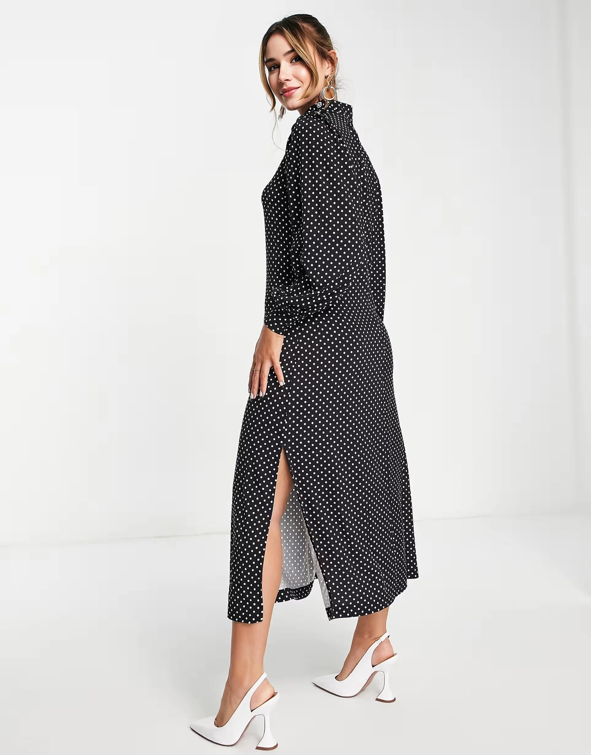 & Other Stories Womens Midi Dress With Embellished Buttons in Dot Print In Black