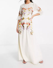 Hope & Ivy Womens Fluted Sleeve Embroidered Maxi Dress in Ivory