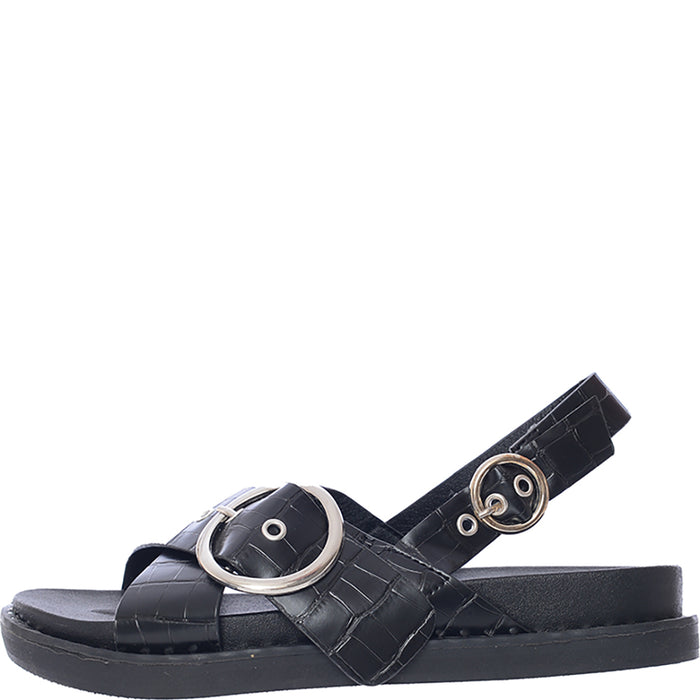 Glamorous Women's Black Buckle Trim Flatform Sandals