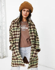 Womens  Monki Check Boucle Wool Coat in Beige And Brown