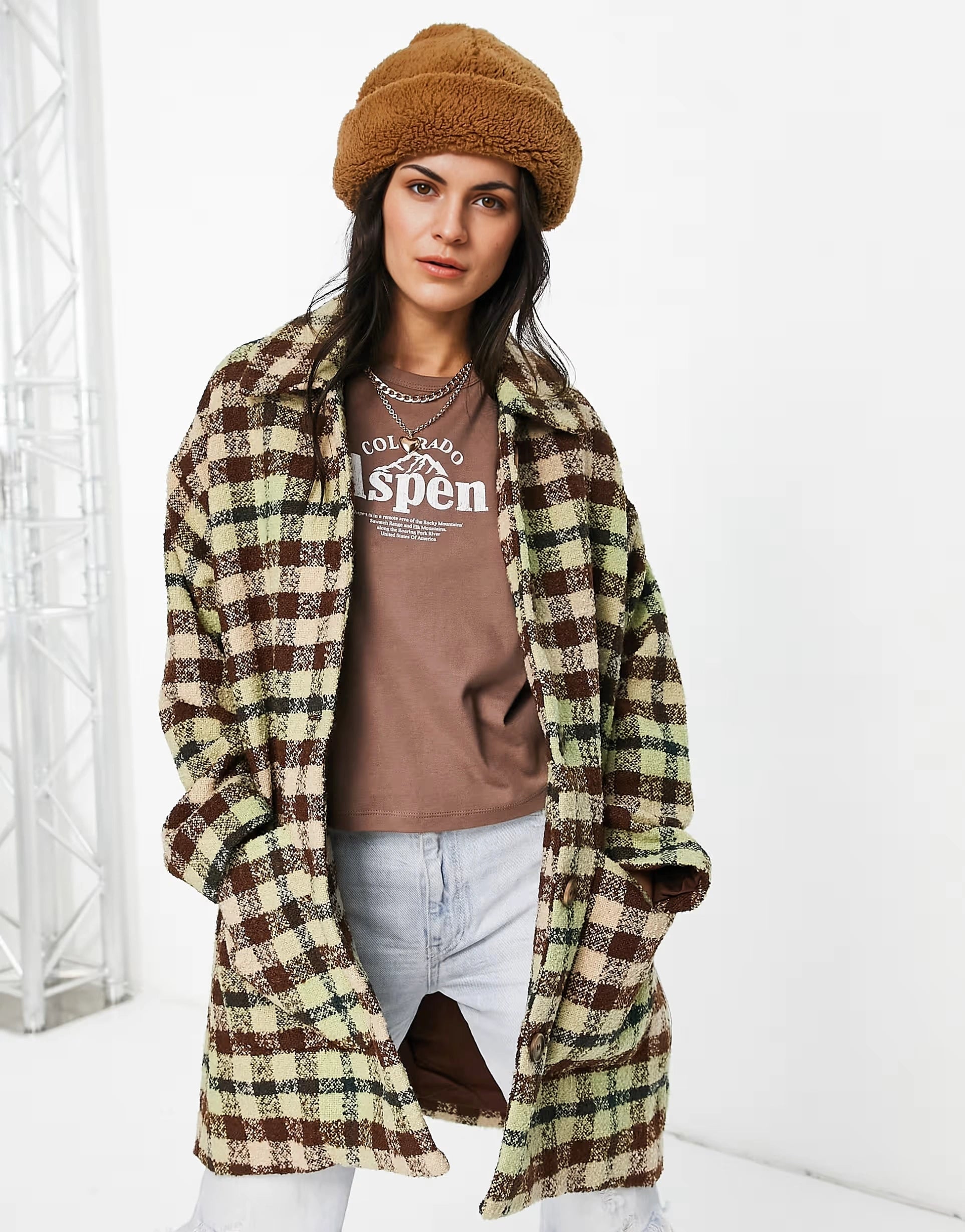 Womens  Monki Check Boucle Wool Coat in Beige And Brown