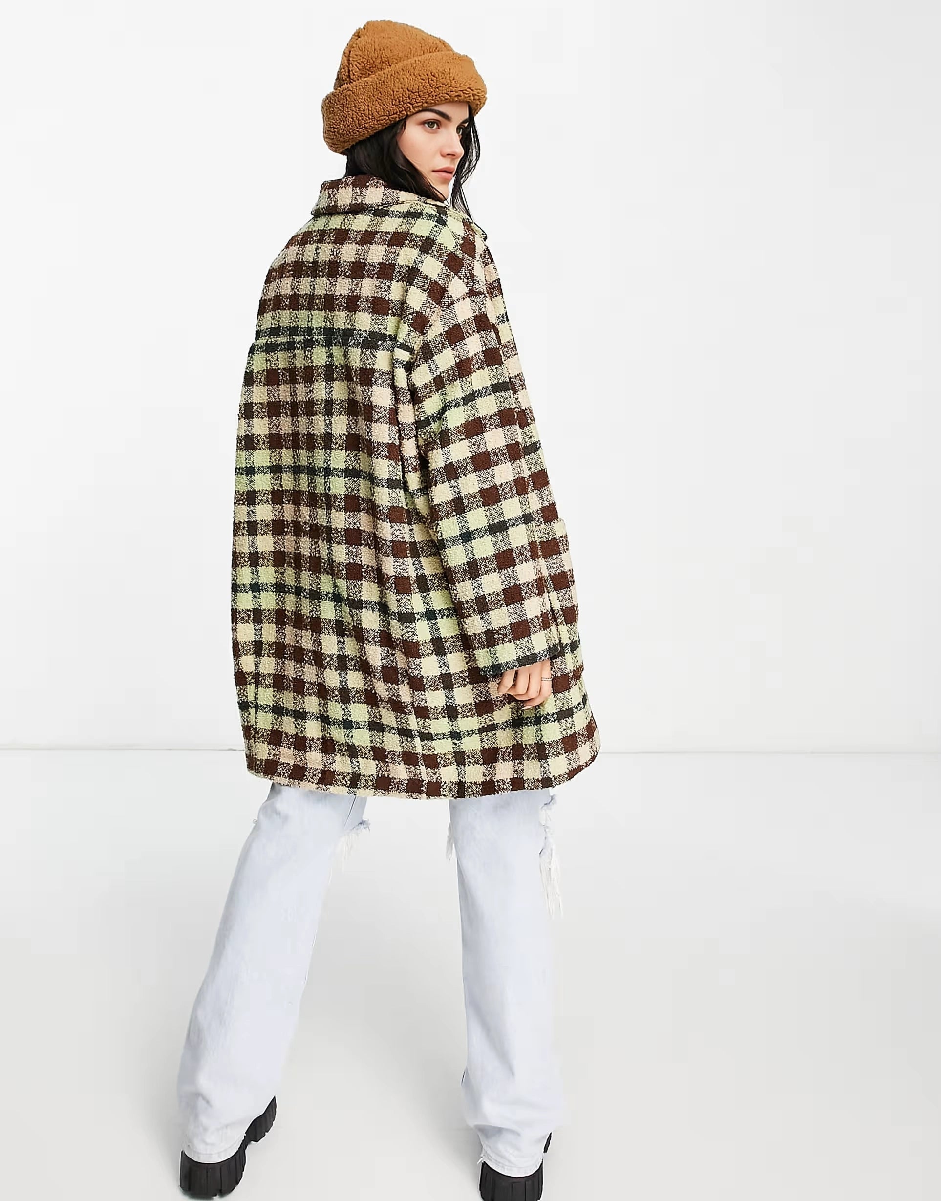 Womens  Monki Check Boucle Wool Coat in Beige And Brown