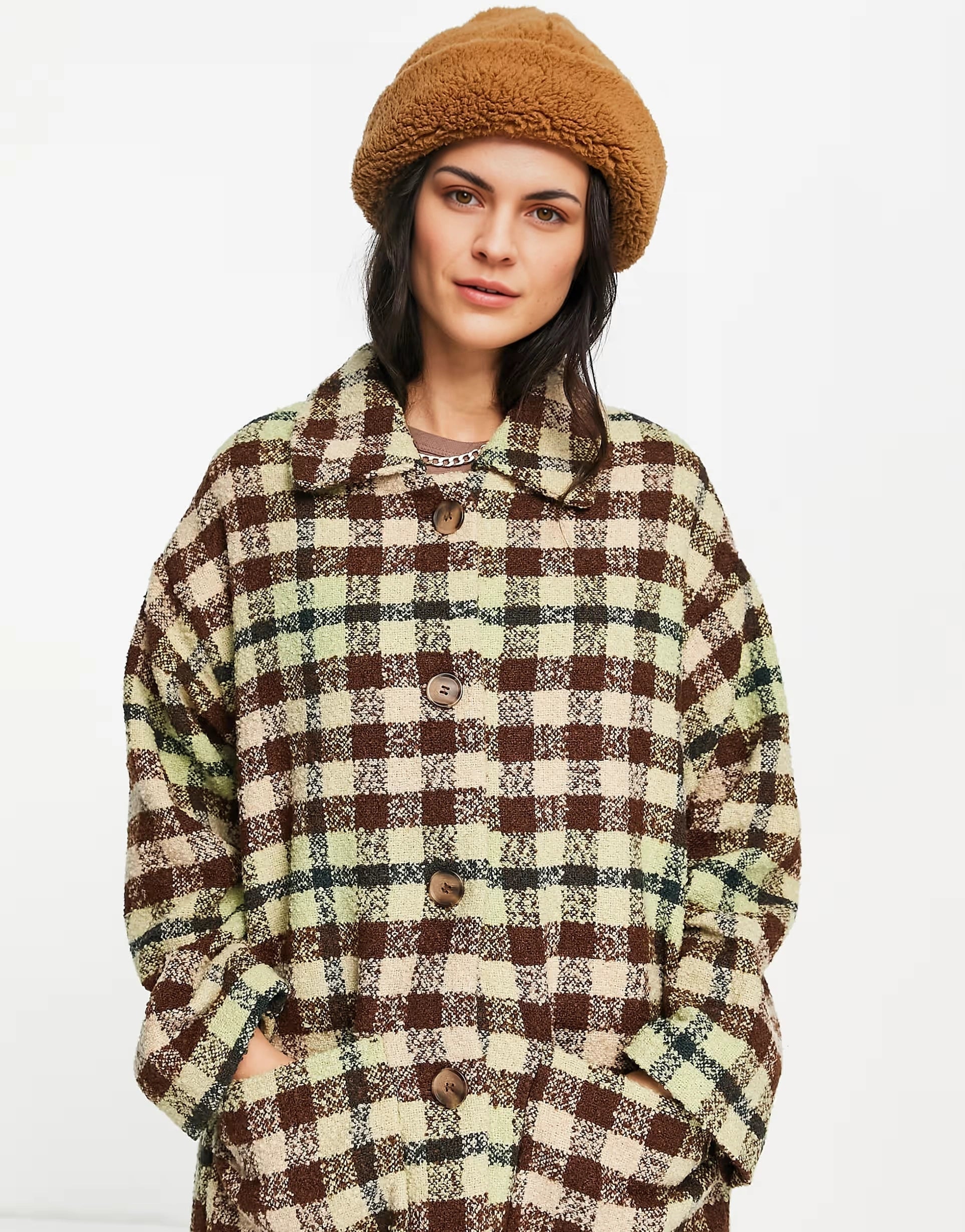 Womens  Monki Check Boucle Wool Coat in Beige And Brown